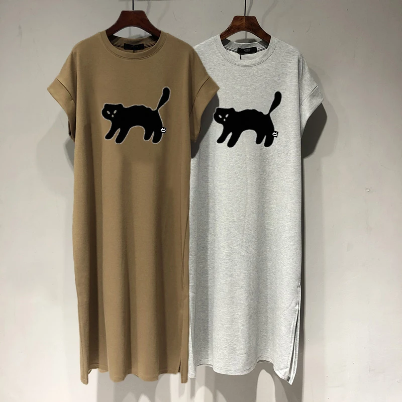 短袖t恤裙女韩版宽松休闲圆领开叉飞飞袖大码连衣裙长裙2025夏季