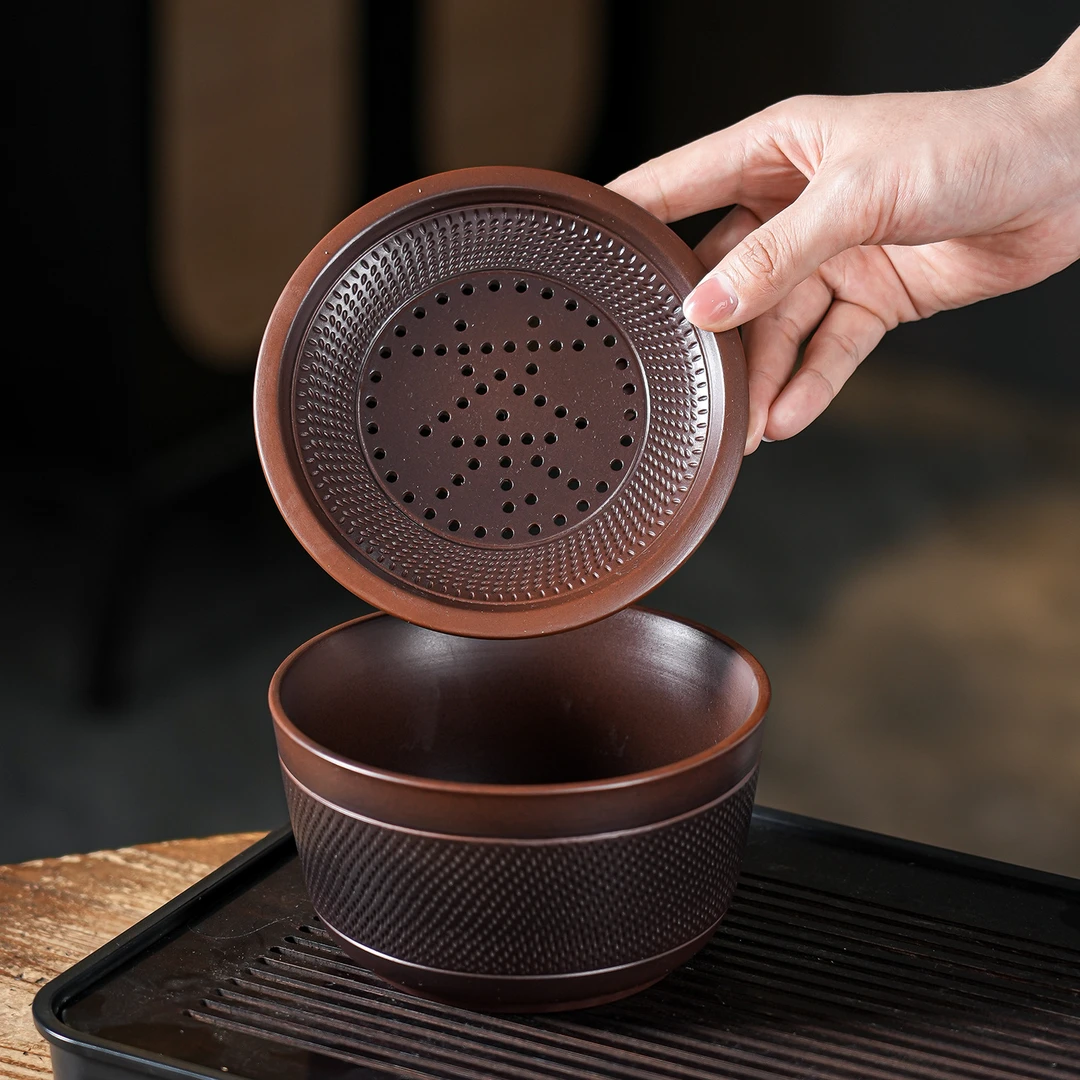 紫陶复古水盂茶洗建水茶渣分离废水缸家用粗陶过滤茶水跳刀茶渣缸