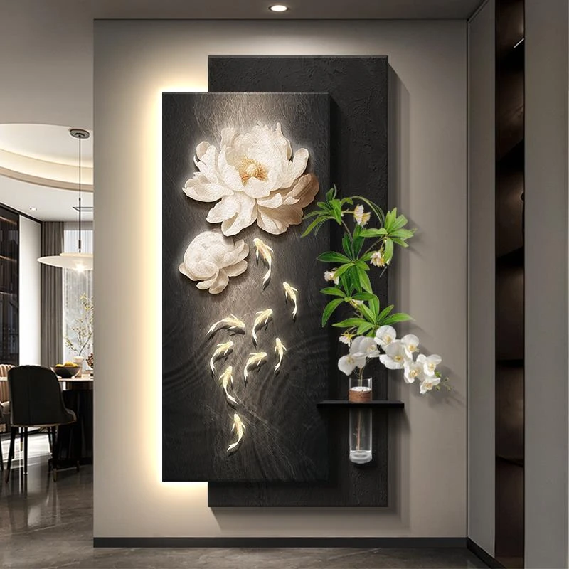 轻奢高级感九鱼图玄关装饰画入户正对门挂画水培绿植走廊过道壁画