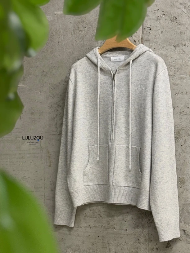 luluzou刺绣半拉链羊绒毛衣8978