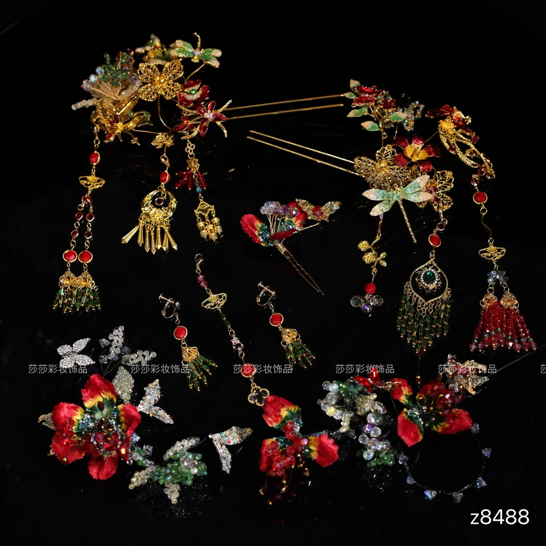 Z8488中式婚礼手工绒花超仙减龄秀禾古风新娘头饰