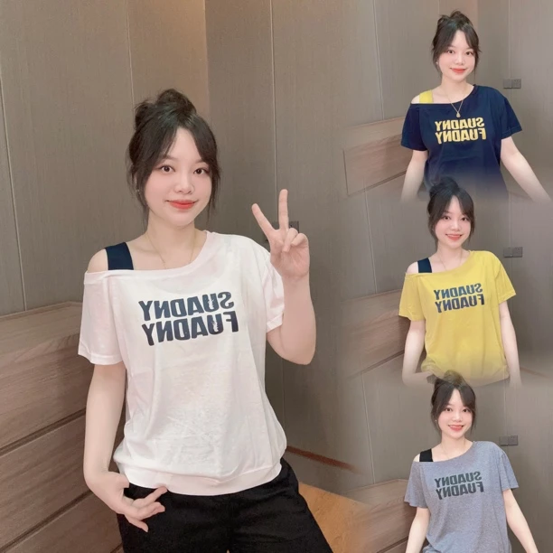 御妍婷英文露肩短袖拼色吊带显瘦正肩t恤女百搭弹力新款上衣5515