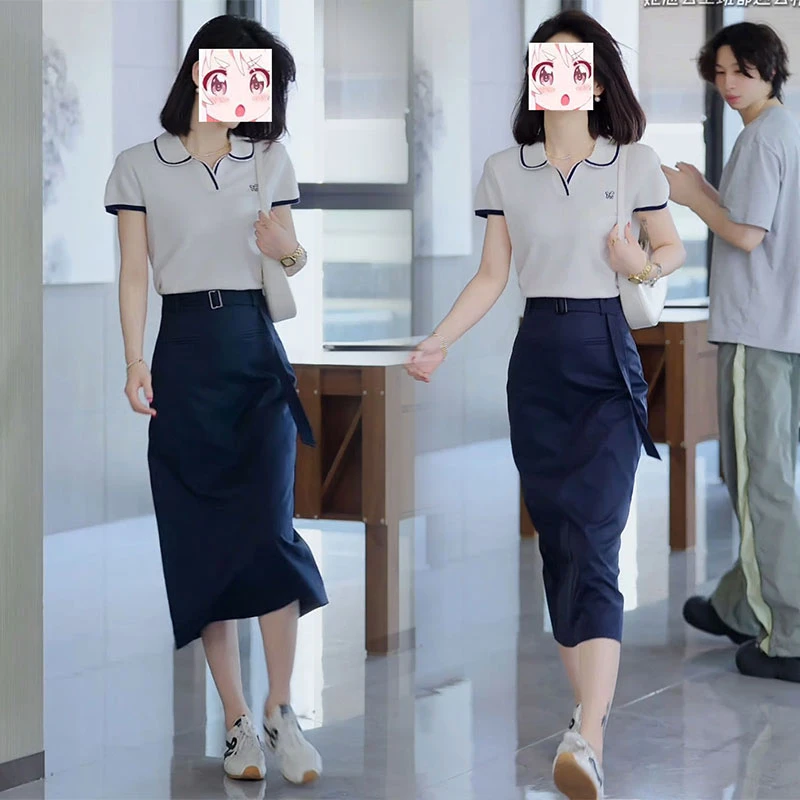 韩版时尚女神气质穿搭一整套夏季包臀半身裙撞色减龄翻领短袖上衣