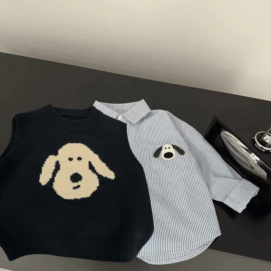 501儿童小狗卡通毛衣男春秋针织衫套头背心百搭潮小童马甲休闲
