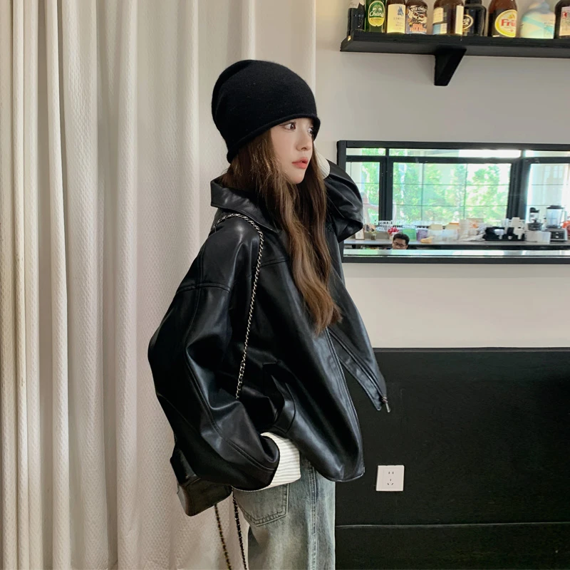 黑色皮衣外套女2025春秋新款甜酷炸街休闲风条纹袖口百搭短款夹克