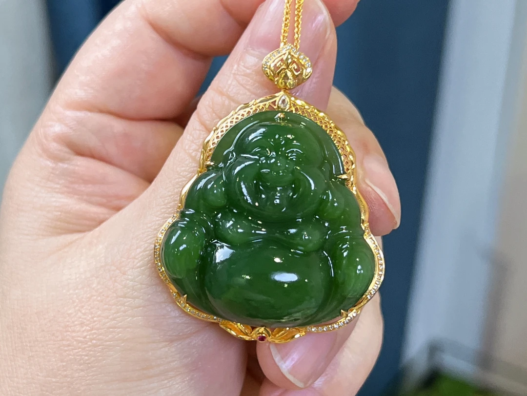 【玉缘汇】精品18k金镶嵌和田玉碧玉老坑辣绿佛公裸石35mm精致大气