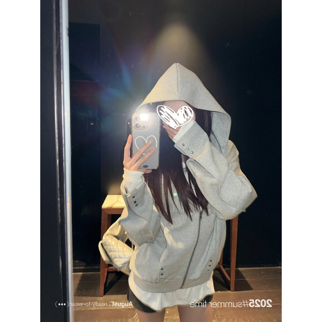 灰色设计感铆钉宽松连帽卫衣外套女早秋季2025新款美式开衫上衣