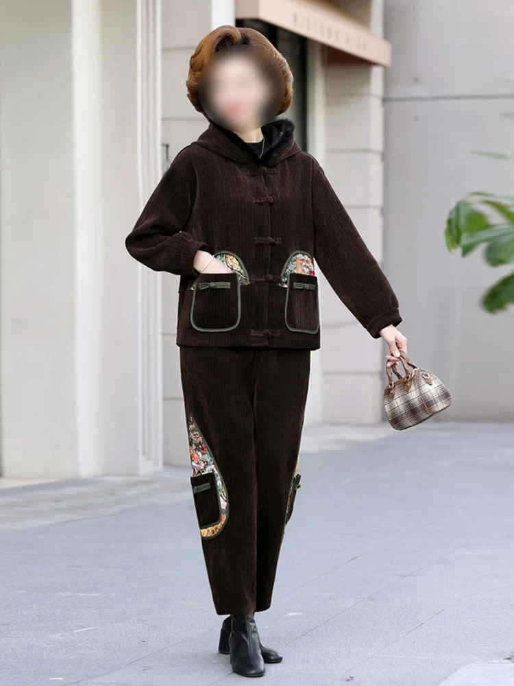 妈妈装外套女新中式洋气加绒加厚套装棉衣雪尼尔中老年连帽奶奶装