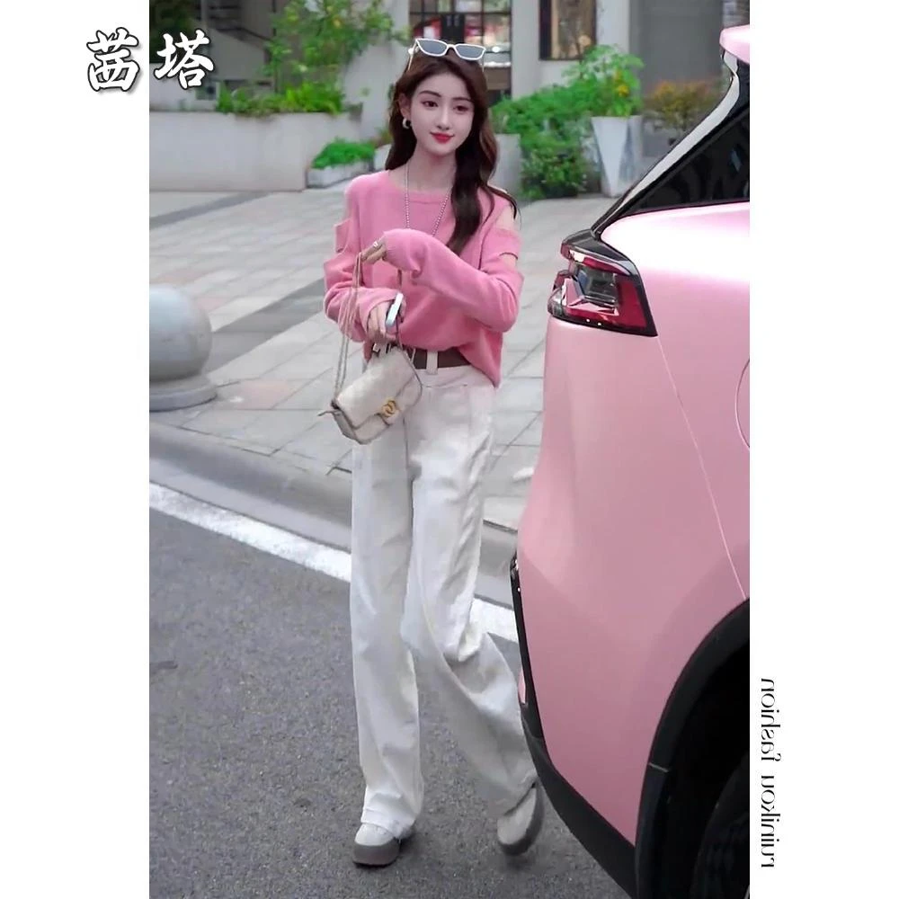 入秋搭配一整套2025休闲露肩针织上衣阔腿裤两件套时尚减龄套装女