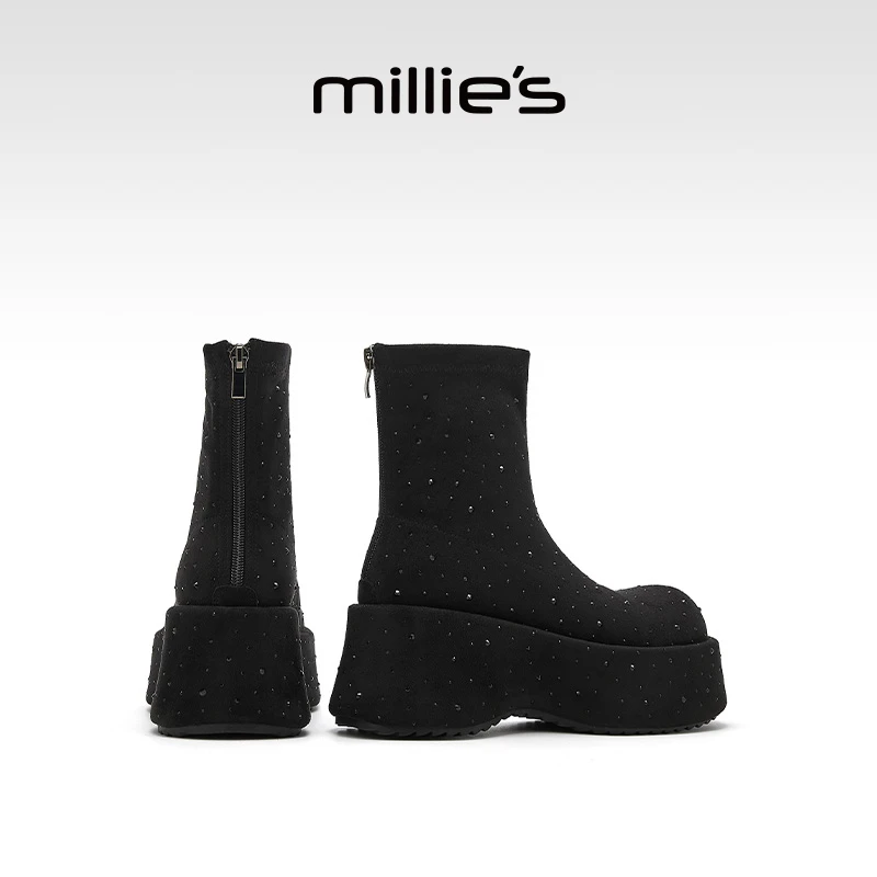 妙丽靴子女小个子厚底短靴2025冬季新款加绒瘦瘦靴松糕弹力靴女鞋