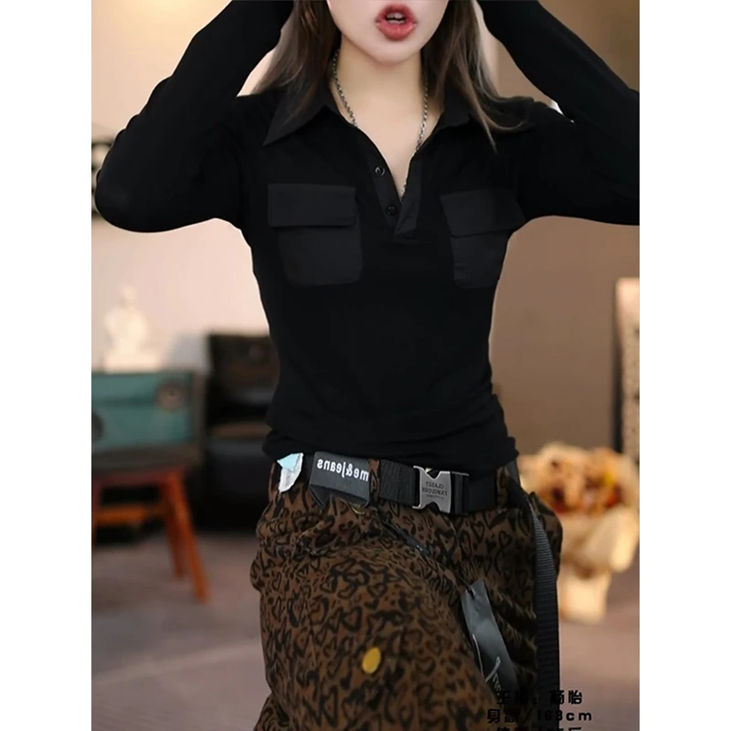 polo领正肩长袖t恤女春秋季气质高级感别致内搭修身显瘦打底上衣