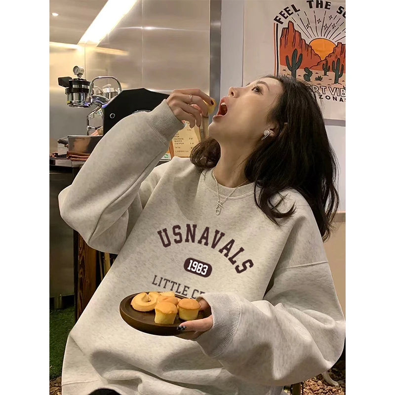 白灰色长袖圆领卫衣女新款宽松显瘦百搭减龄休闲加绒加厚上衣冬季