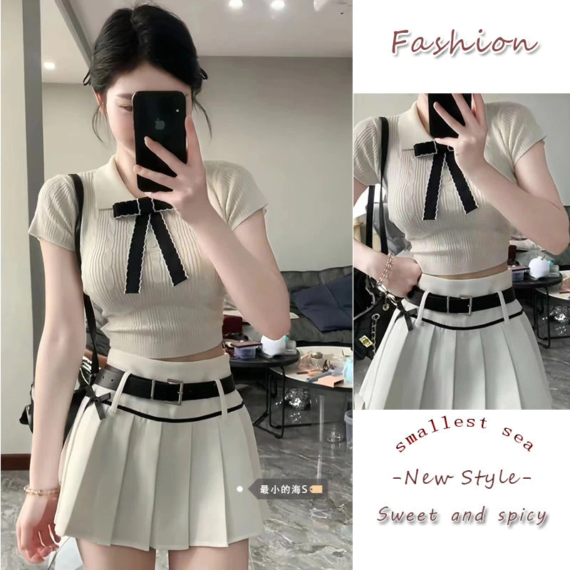 【店铺热销】纯欲风polo领针织上衣套装女夏季高腰百褶半身裙洋气减