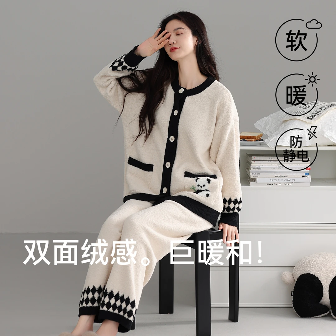 猫人睡衣女秋冬季珊瑚绒两件套休闲学生ins宿舍半边绒保暖家居服