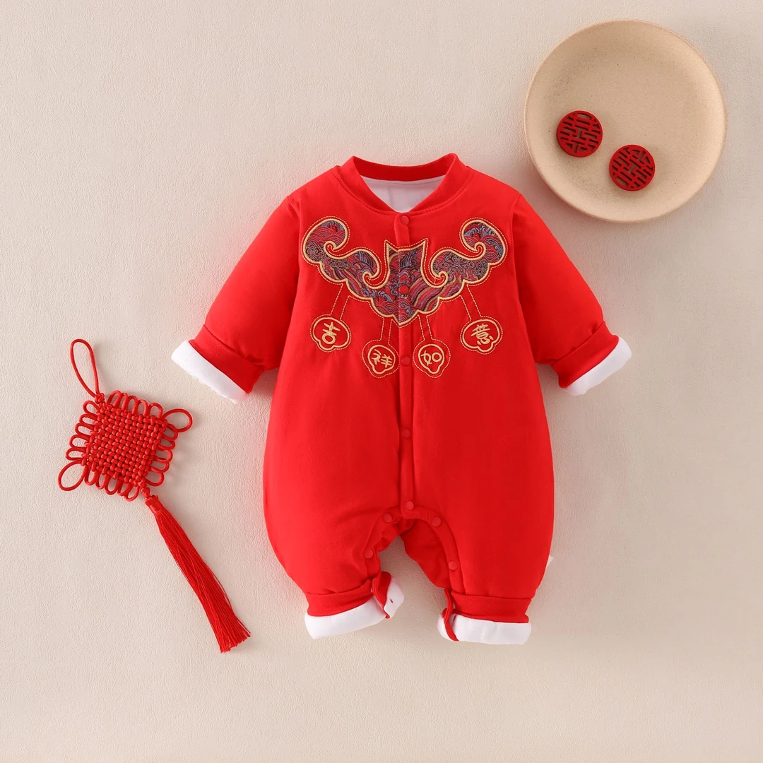 婴儿冬季衣服男宝宝满月百日周岁礼服红色新年拜年夹棉加厚连体衣