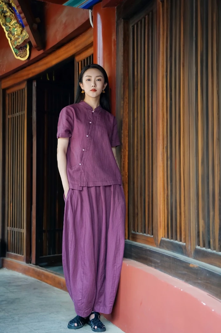 2025夏季新款天丝亚麻正肩短袖套装中式禅服高端女装