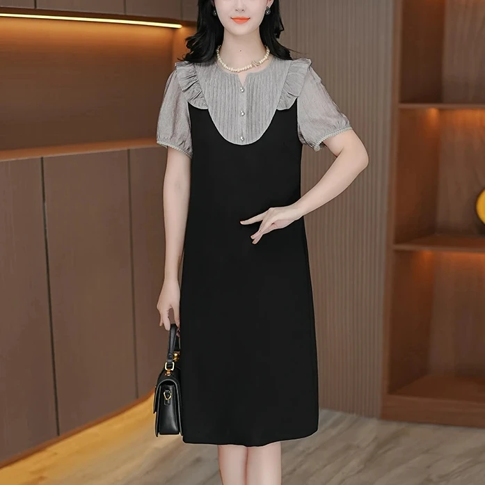 拼色显瘦木耳边拼接休闲连衣裙子2025夏季新款时尚设计假两件裙子