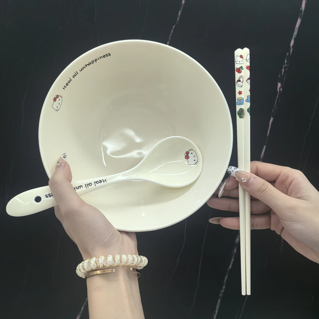 出口尾货 乐园小猫 日式7.5寸拉面碗+大面勺+筷子 3件套