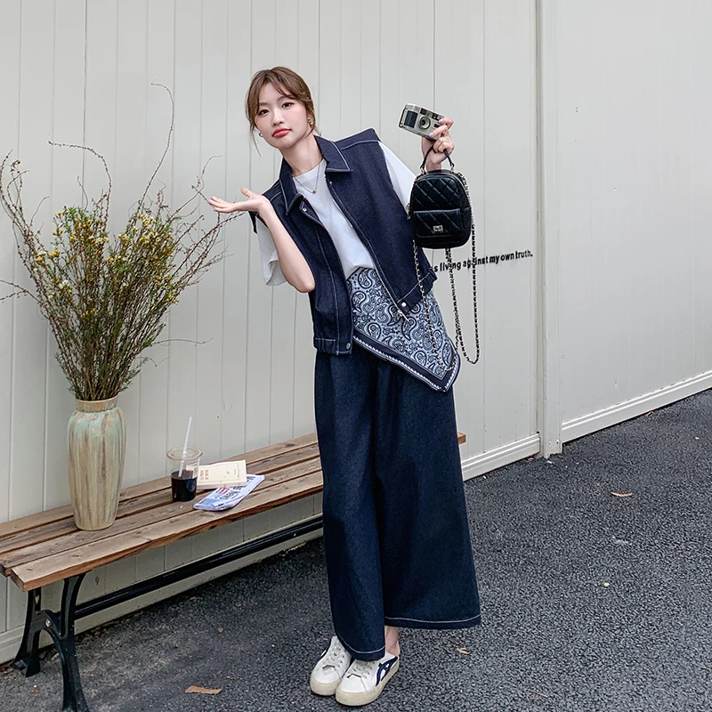 时尚不撞款牛仔马甲套装女夏薄款韩系高级感气质休闲阔腿裤三件套