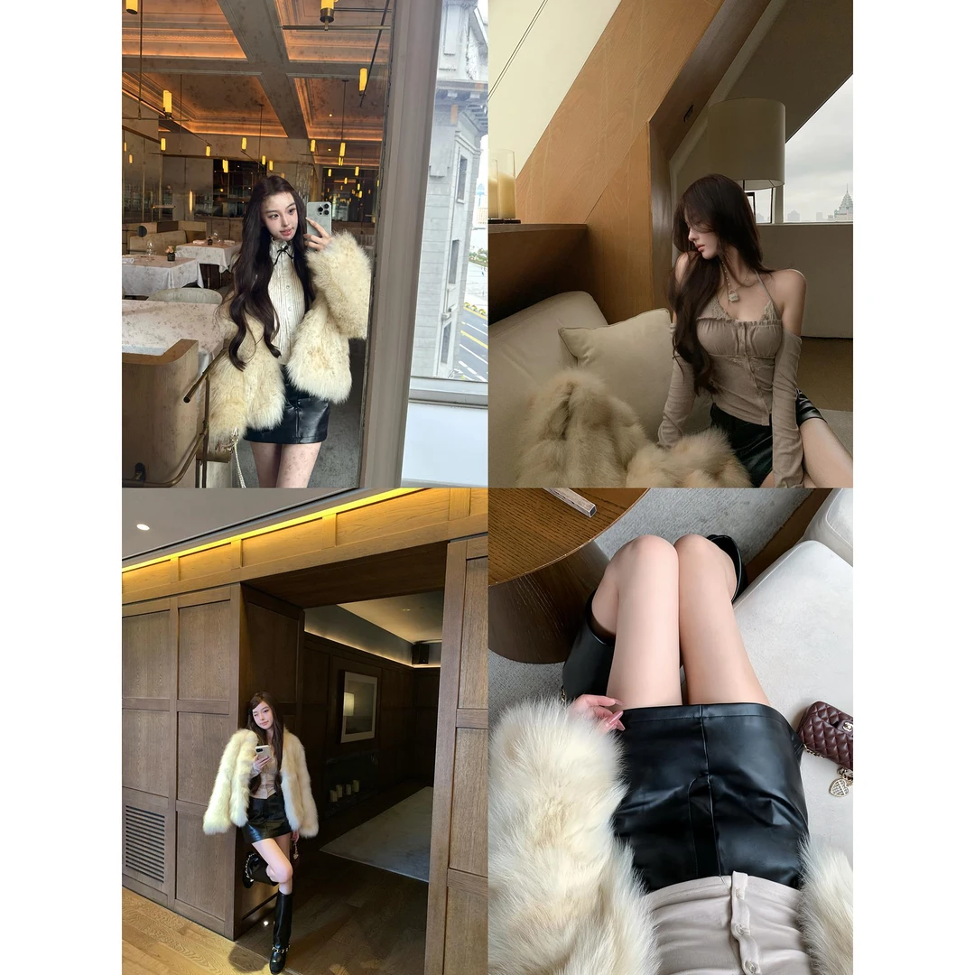 OYFF凡凡来咯【巴塞罗那】黑色包臀小皮裙女秋冬中腰A字显瘦短裙