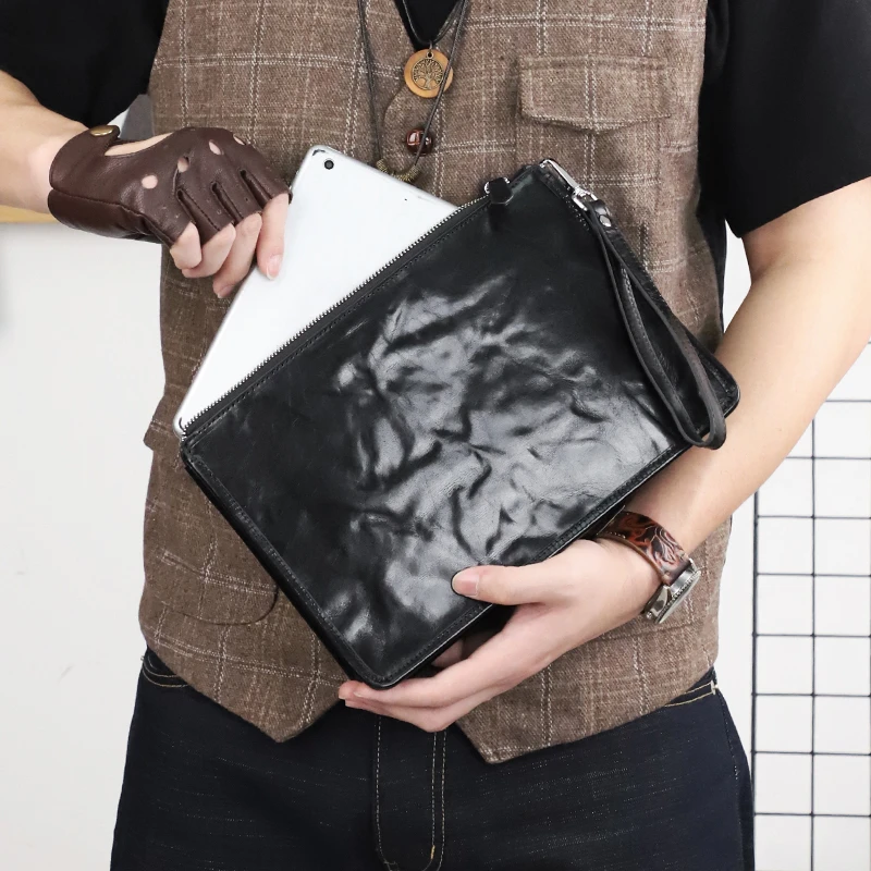 植鞣牛皮手包男士手机包大容量手拿包商务信封包真皮手拎包男包潮