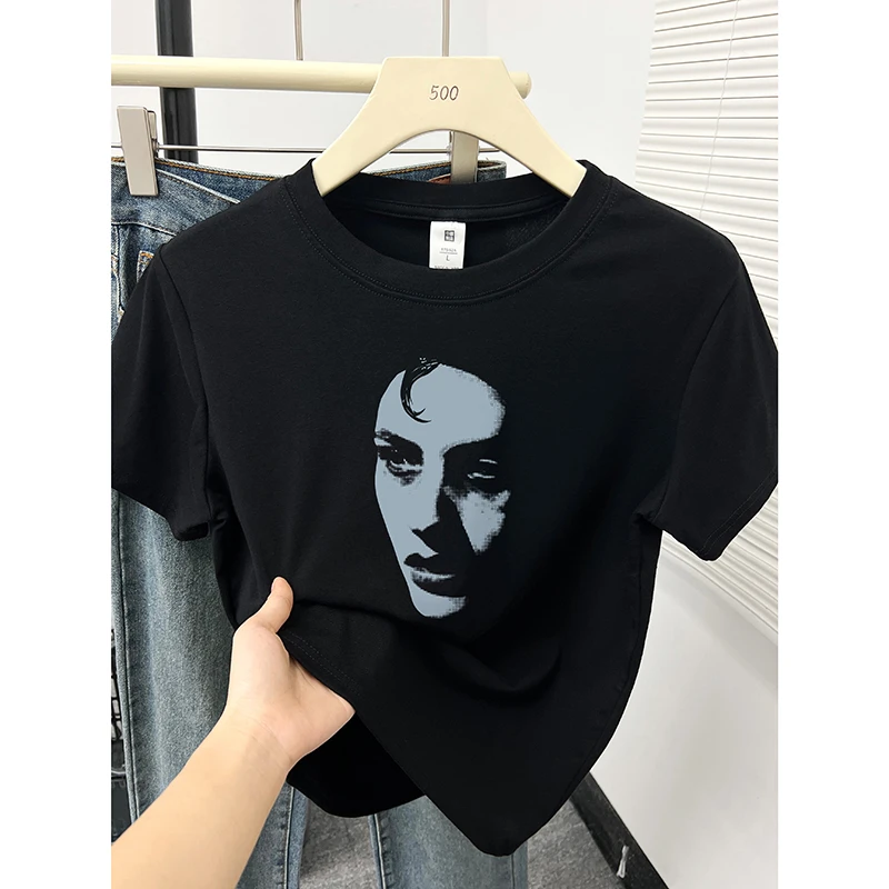 黑色圆领短袖T恤女款爆款夏季新款潮牌人物印花大码正肩半袖上衣