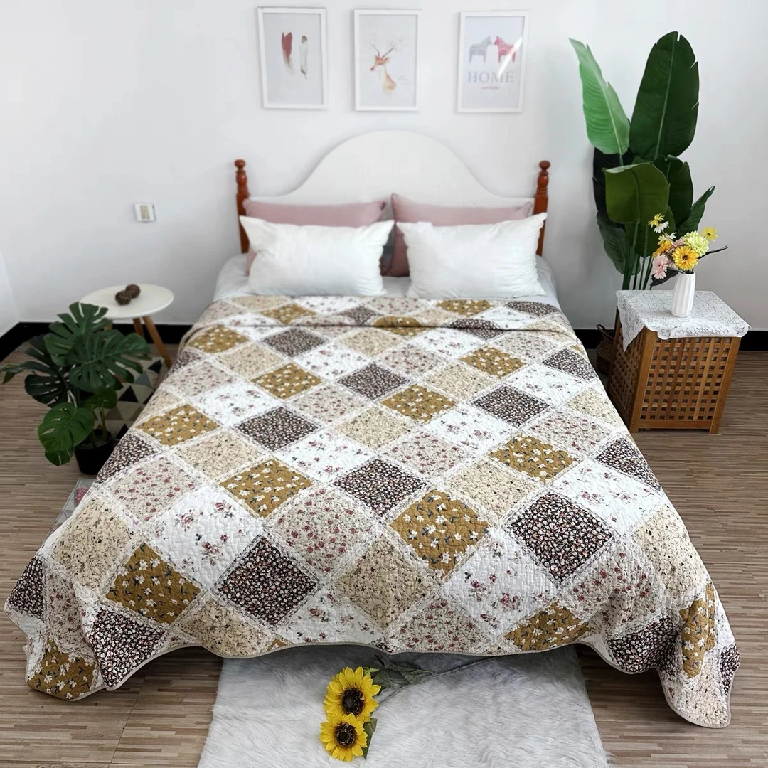 【花悦】美拉德格双面纯棉棕色系四季床盖三层夹棉榻榻米绗缝被床单