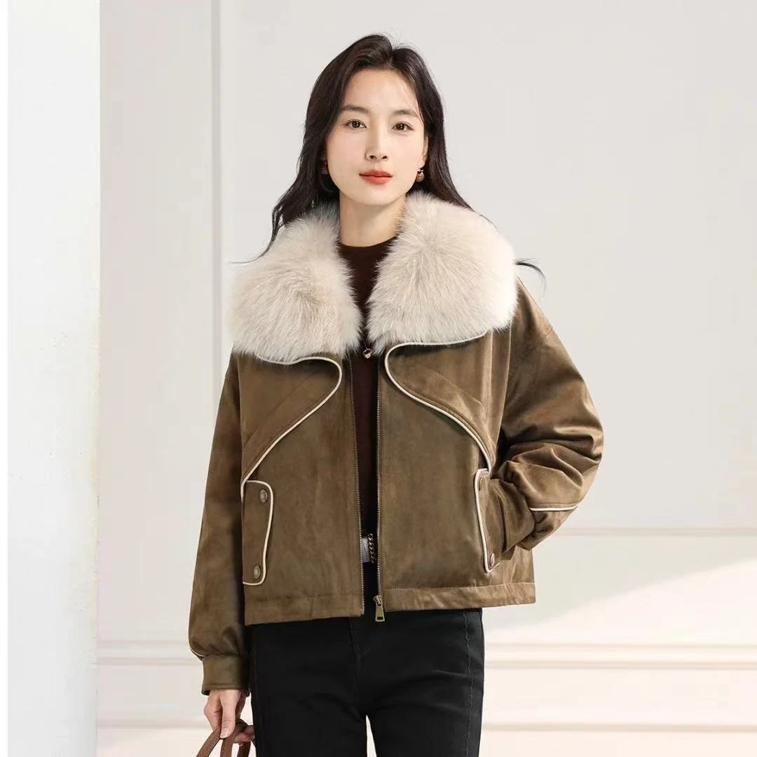 撞色毛绒领外套25冬季款高级时尚设计感简约加绒加厚上衣