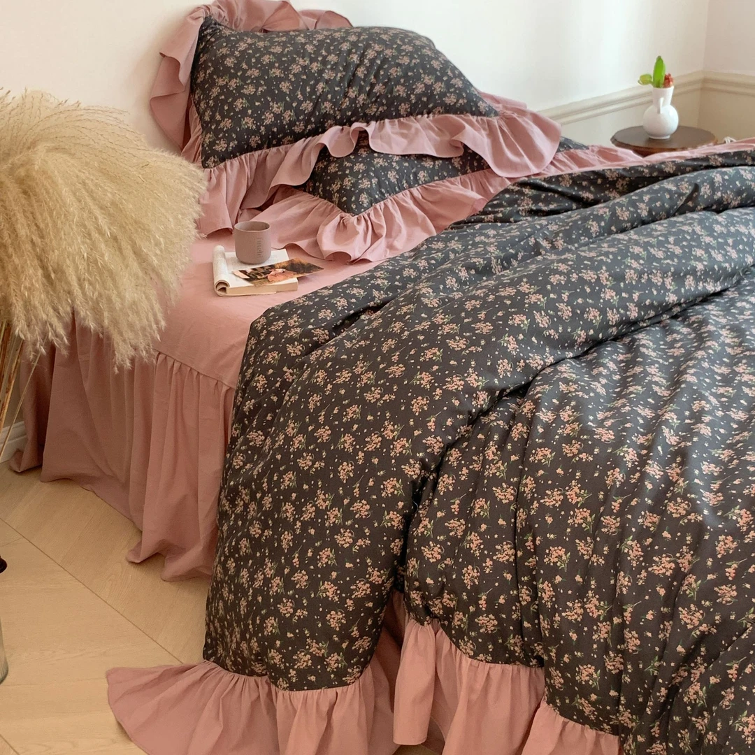 梅边Design【樱花草】法式浪漫寂静深岭小碎花大花边全棉床裙四件套
