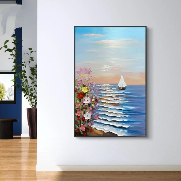海浪手绘肌理油画花海帆船抽象装饰画轻奢风玄关沙发背景