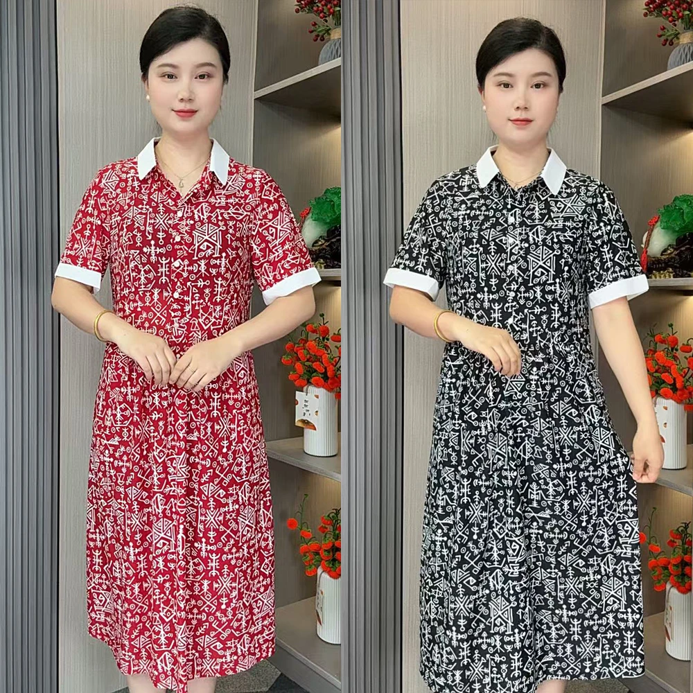 新款女士连衣裙中长款妈妈装遮肚显瘦时尚洋气短袖翻领裙子