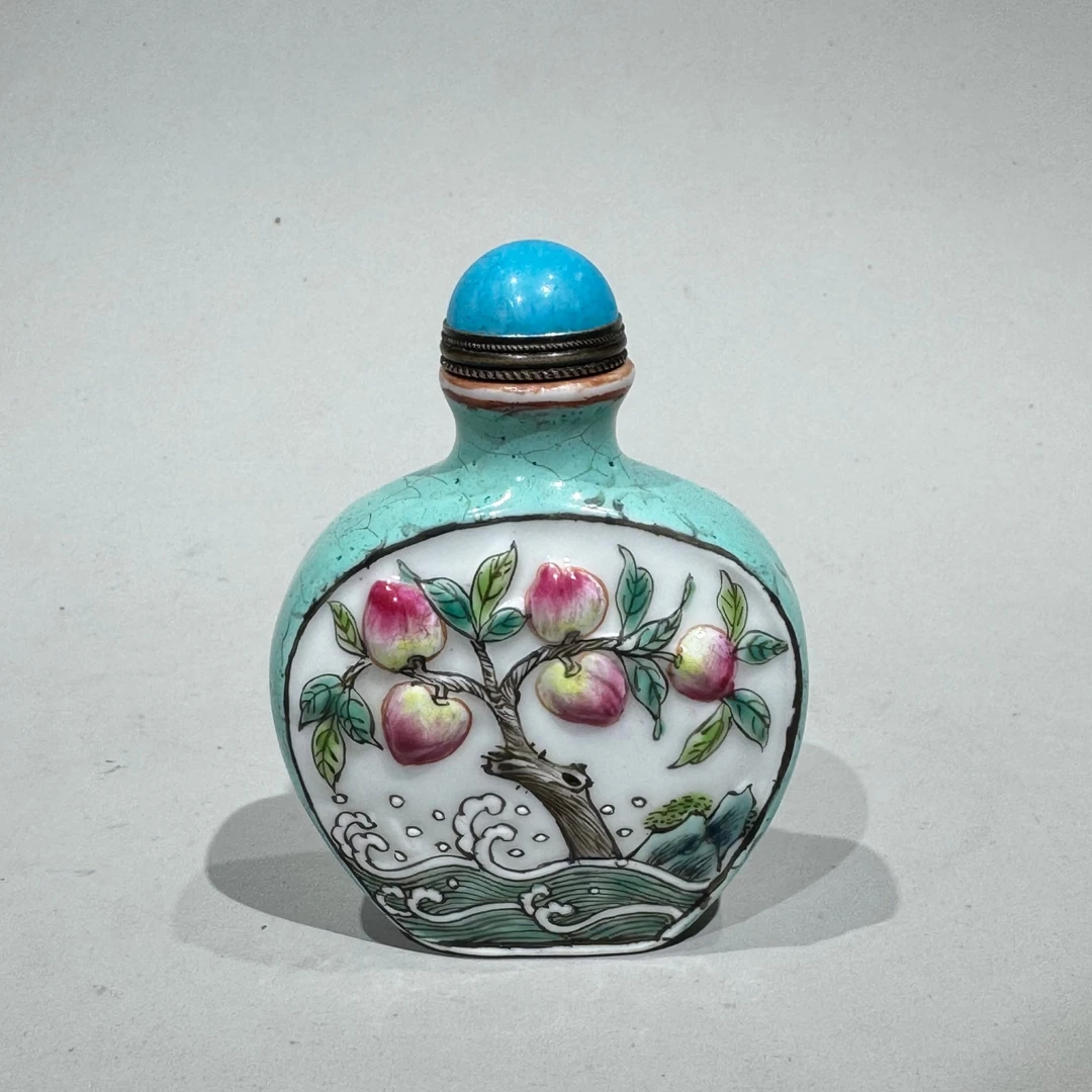 晚清民国松石绿粉彩堆塑寿桃花鸟鼻烟壶【古董拍卖】QV25QW0120002