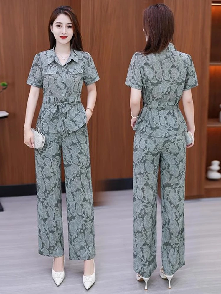 时尚翻领短袖衬衣阔腿裤两件套女夏季新款洋气显瘦百搭减龄套装