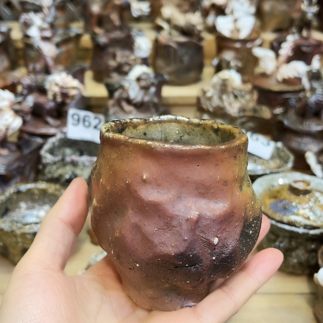 瓶柴烧粗陶手捏杯微瑕漏水摆件