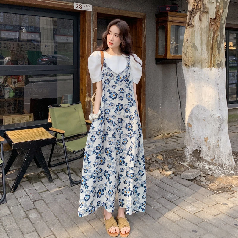 韩系小清新碎花背带裤2025女夏新款氛围感文艺范泡泡袖T恤连体裤