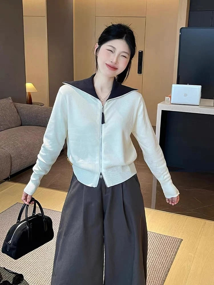 韩系白色海军领拉链针织开衫外套女早秋巨好看设计感外穿长袖上衣