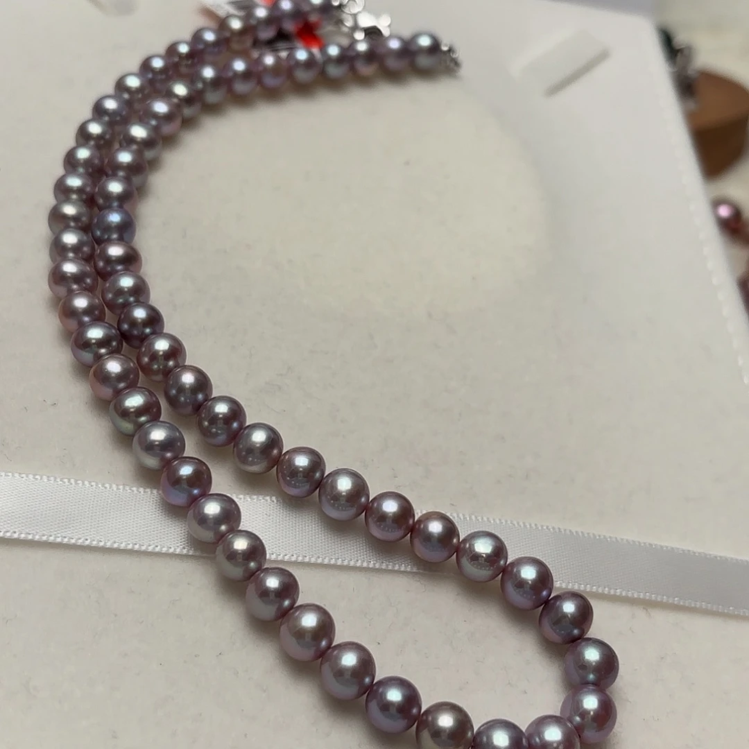 耳饰银S925镶嵌淡水珍珠7-8近圆无核怪色紫