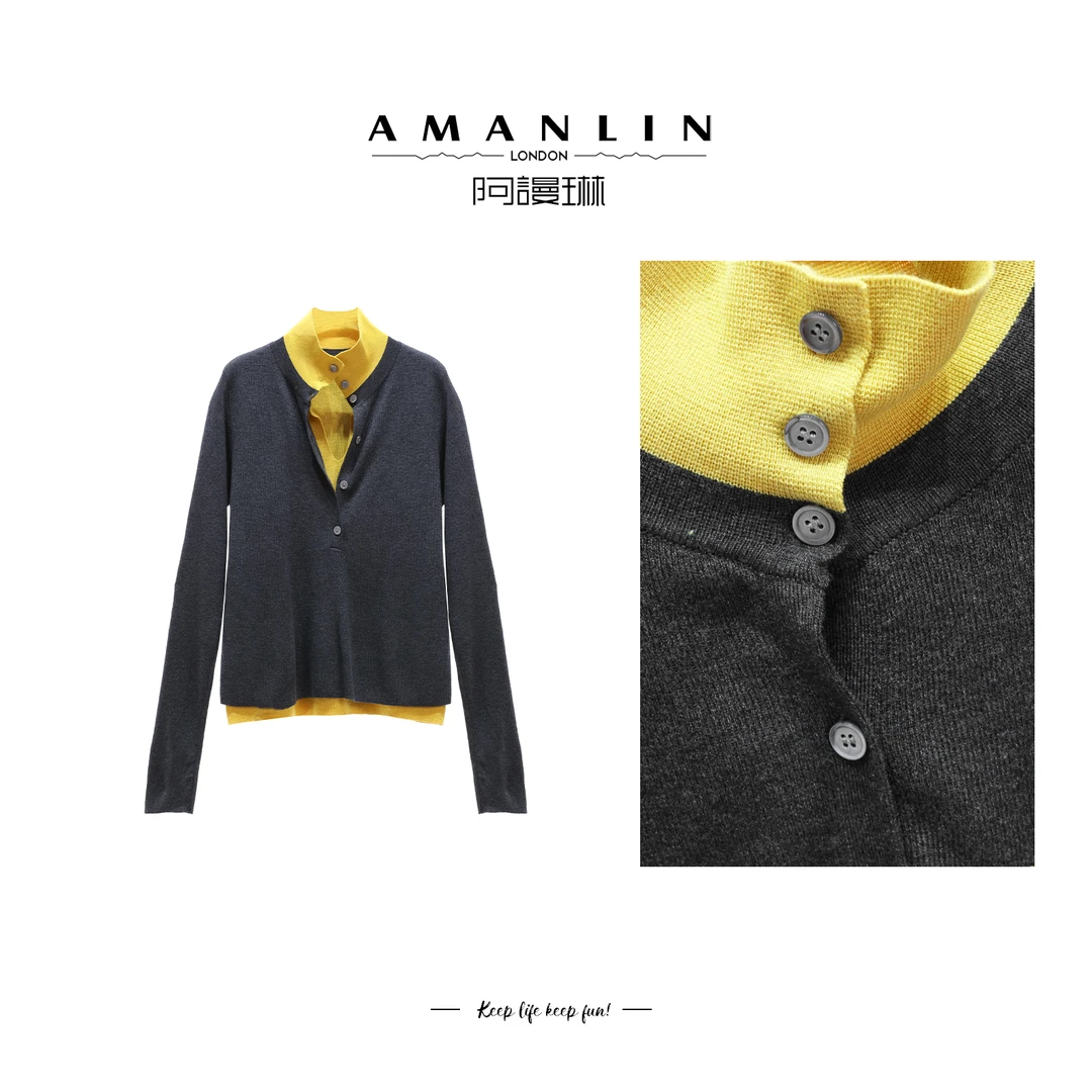 【AMANLIN】假两件显瘦休闲打底针织开衫上衣气质百搭撞色F595012