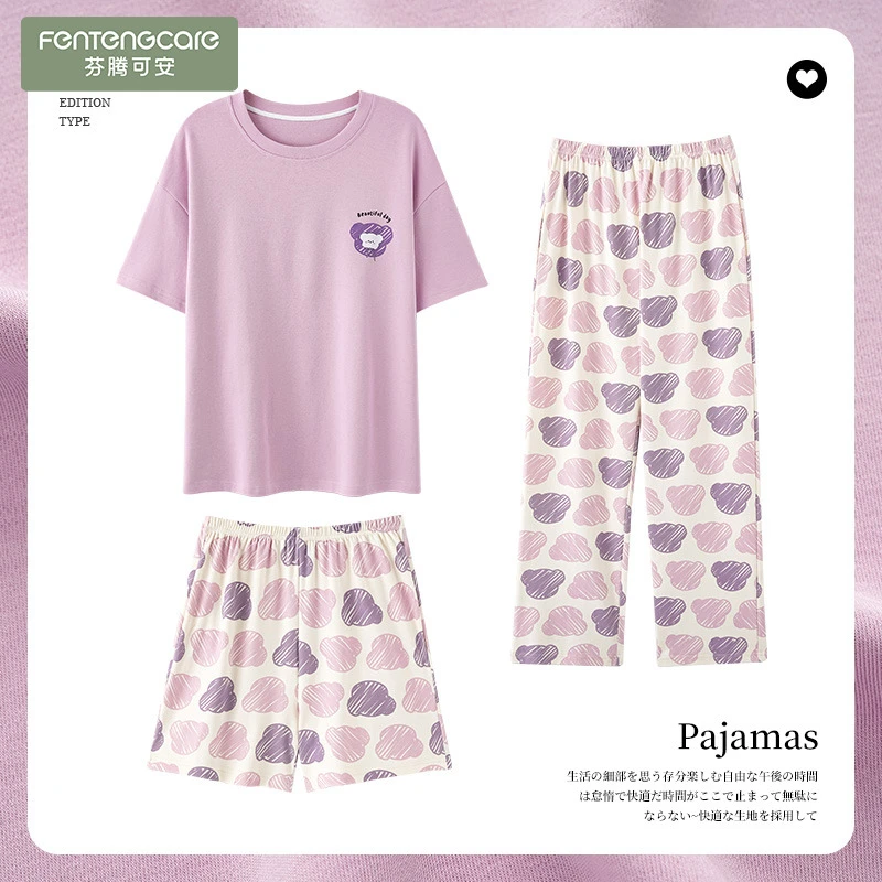 芬腾可安100%纯棉睡衣女夏季薄款短袖长裤三件套装卡通甜美韩版夏