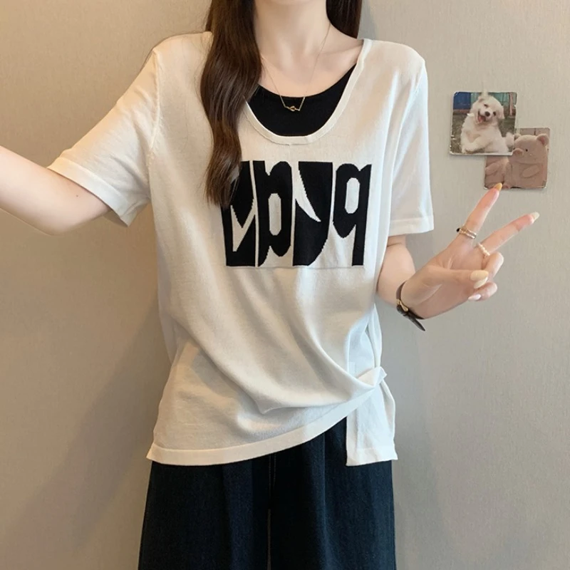 大码设计感假两件短袖针织衫女夏胖MM宽松显瘦百搭洋气不规则上衣