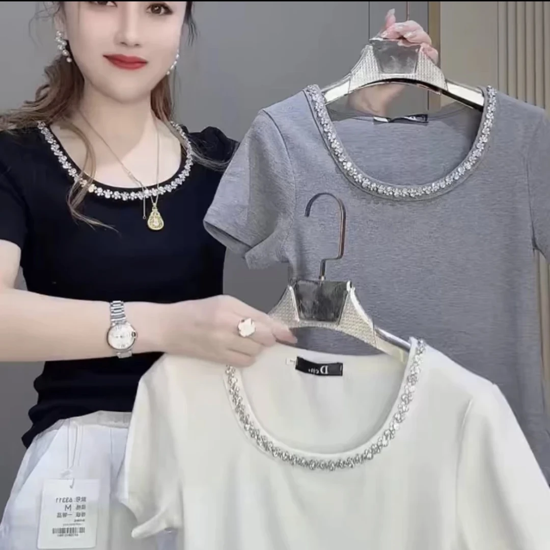 欧货重工钉珠圆领短袖T恤2025夏季新款初夏流行穿搭修身显瘦上衣