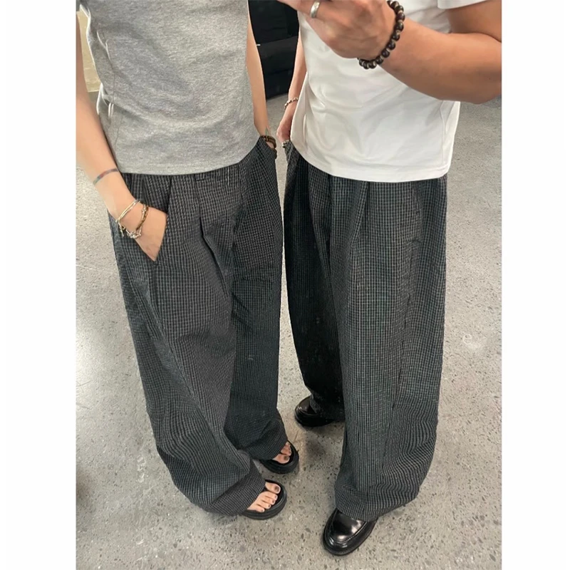 夏季格纹TR混纺立体剪裁A字版型双褶阔腿休闲可调节腰头通勤长裤