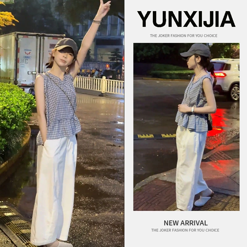 2025夏季新款时尚套装女宽松格纹系带无袖衬衫阔腿九分裤子两件套