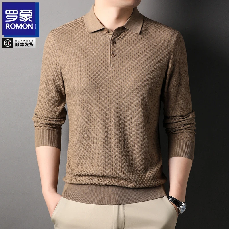 【春季新品】罗蒙男士商务休闲棋盘格翻领长袖高端针织百搭打底衫男