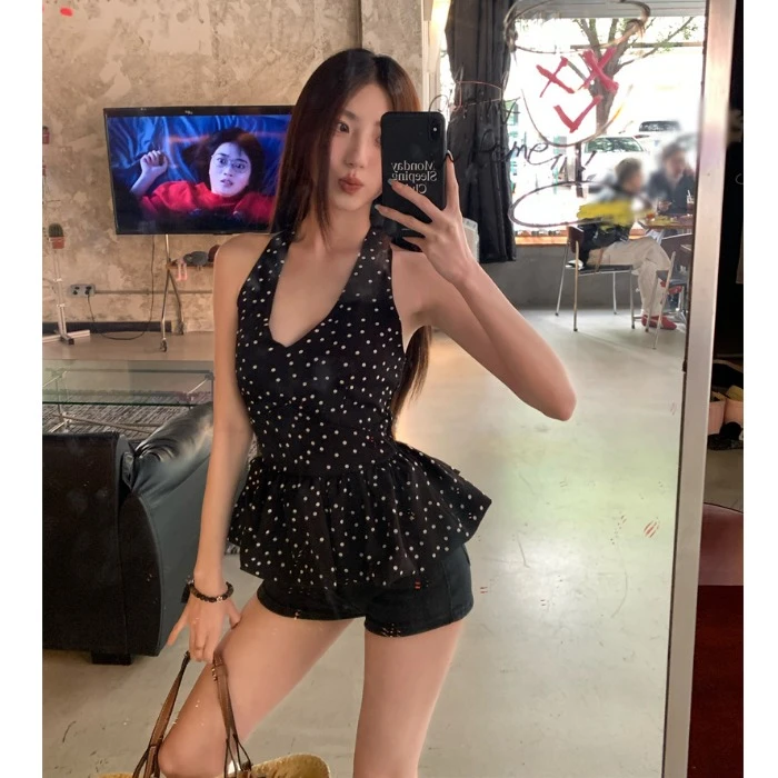 纯欲V领挂脖黑色波点无袖背心女夏季外穿设计感收腰露背小衫上衣