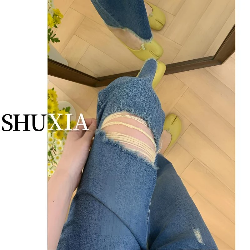 【现货】夏季破洞裤大码女装显瘦遮胯直筒九分毛边牛仔裤薄