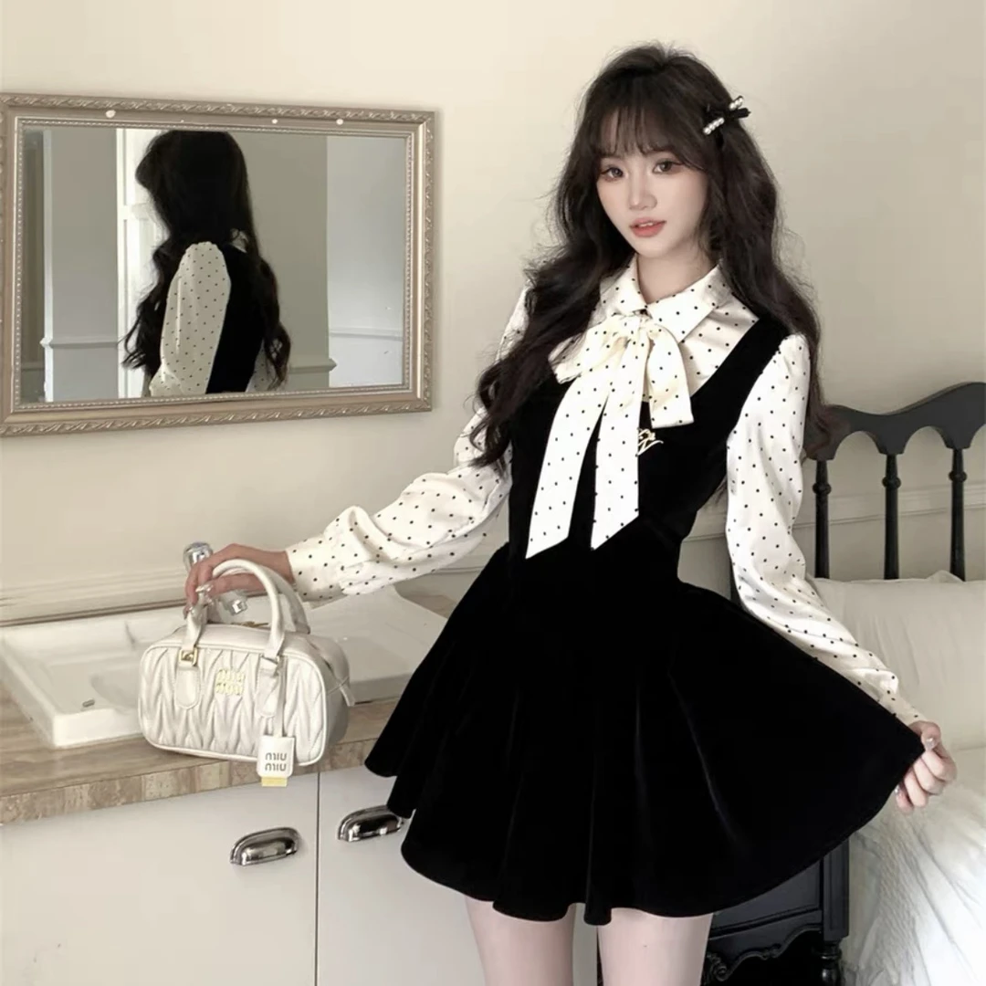 【丝绒】miu系富家千金连衣裙小香风波点假两件丝绒收腰小黑裙D3812