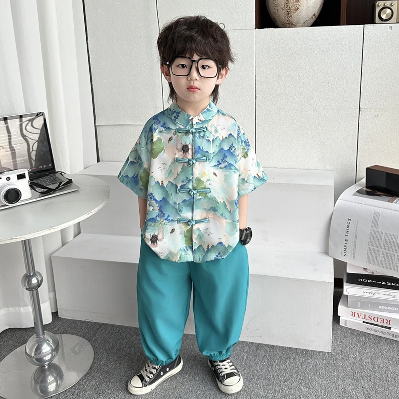 男童夏装国风汉服套装2025新款儿童短袖唐装两件套宝宝六一表演服