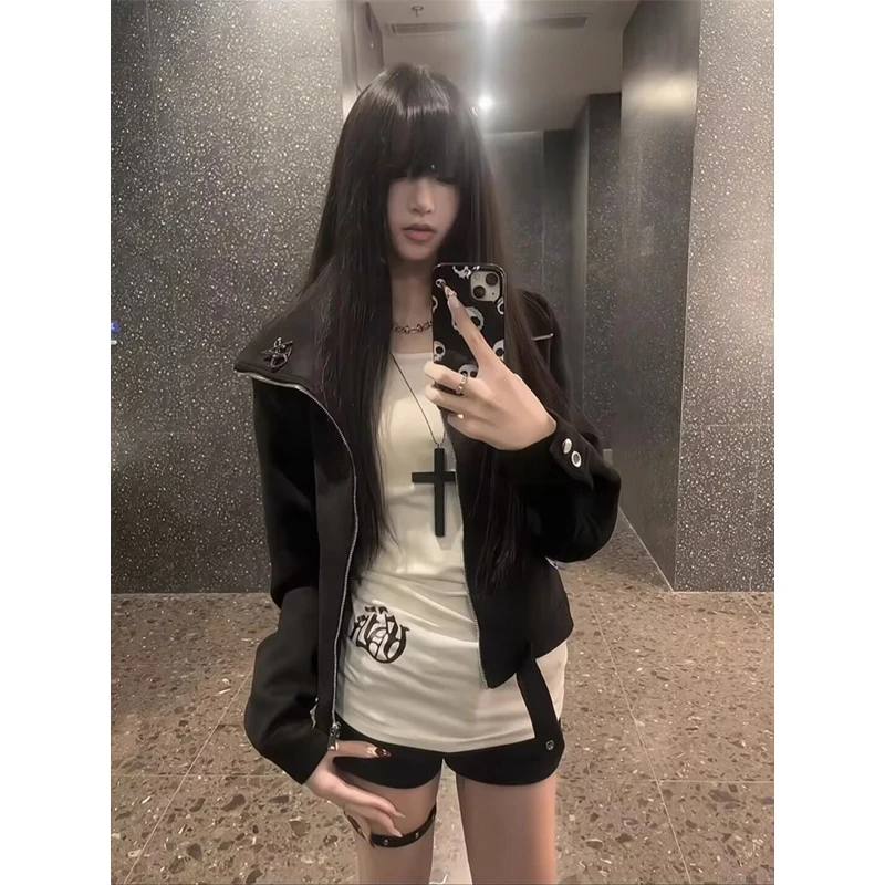 美式复古翻领外套女设计感小众2025秋季款高街辣妹风宽松夹克上衣