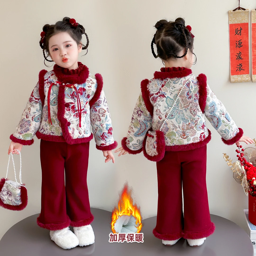 可爱超萌儿童衣服冬季碎花女童加厚新年服套装宝宝保暖唐装拜年服